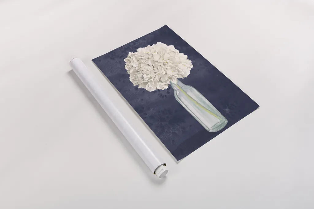 Tranquil Blossoms II Navy by James Wiens. shown as a rolled paper print. Available as archival giclee rolled canvas, fine art paper, or poster print. SKU 56056h.