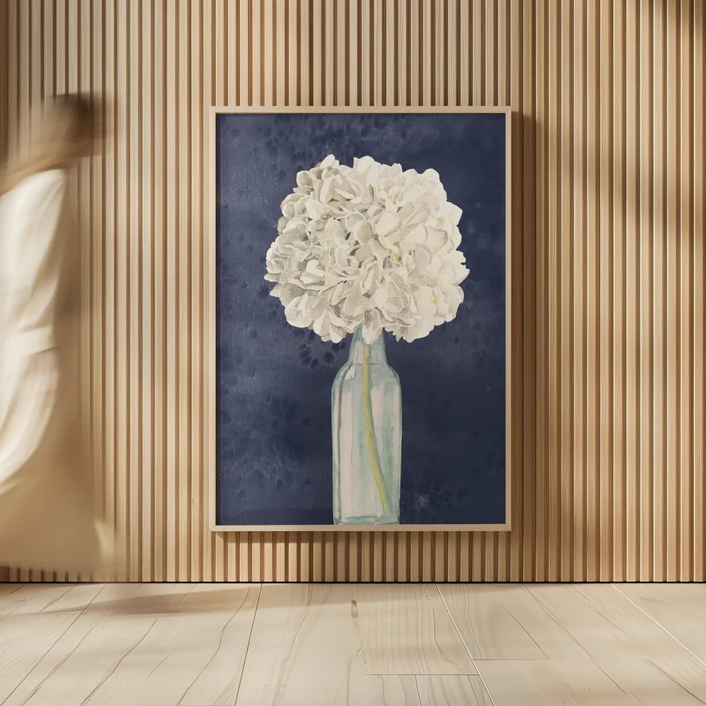 Tranquil Blossoms II Navy by James Wiens. shown as over sized large wall art. Available as an archival giclee rolled canvas, fine art paper, or poster print. SKU 56056h.
