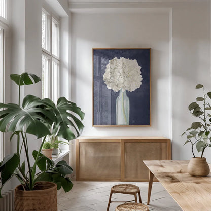 Tranquil Blossoms II Navy by James Wiens. shown as a print in a natural wood frame in a dining room. Available as a archival giclee rolled canvas, fine art paper, or poster print. SKU 56056h.