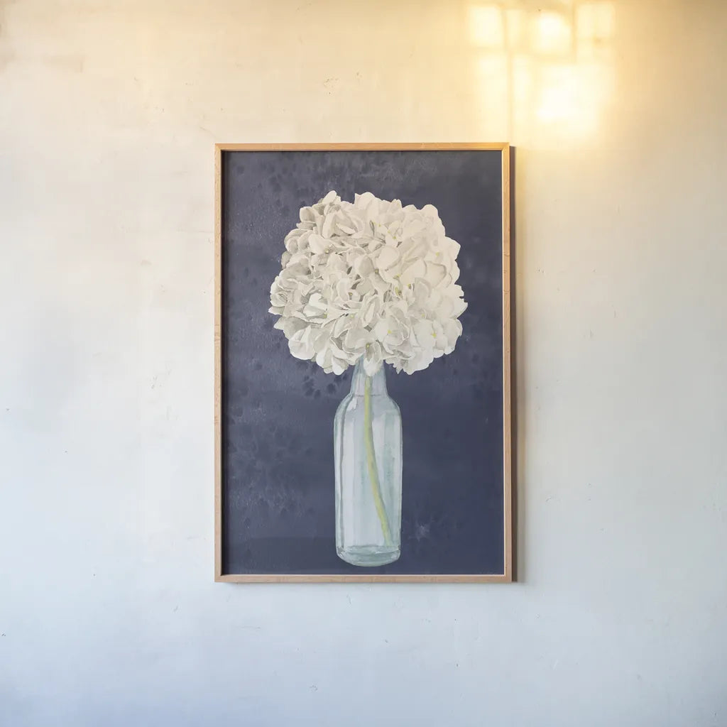 Tranquil Blossoms II Navy by James Wiens. shown as a paper print in a natural frame. Available as a archival giclee rolled canvas, fine art paper, or poster print. SKU 56056h.