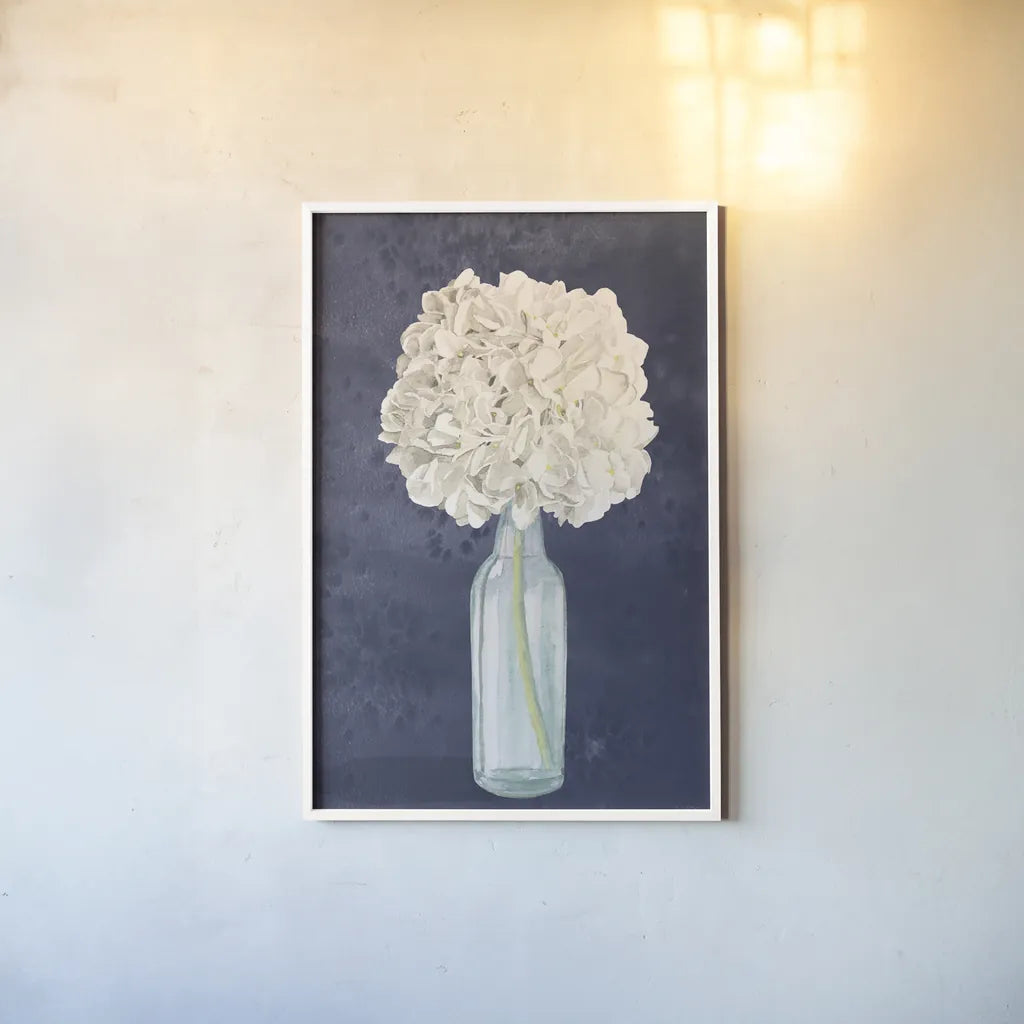Tranquil Blossoms II Navy by James Wiens. shown as a paper print in a white frame. Available as a archival giclee rolled canvas, fine art paper, or poster print. SKU 56056h.