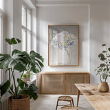 Tranquil Blossoms III by James Wiens. shown as a print in a natural wood frame in a dining room. Available as a archival giclee rolled canvas, fine art paper, or poster print. SKU 47982h.
