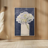 Tranquil Blossoms III Navy by James Wiens. shown as over sized large wall art. Available as an archival giclee rolled canvas, fine art paper, or poster print. SKU 57273h.