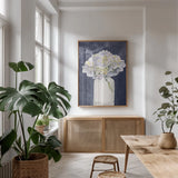 Tranquil Blossoms III Navy by James Wiens. shown as a print in a natural wood frame in a dining room. Available as a archival giclee rolled canvas, fine art paper, or poster print. SKU 57273h.