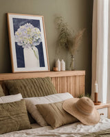 Tranquil Blossoms III Navy by James Wiens. shown as a paper print in a natural frame. Available as a archival giclee rolled canvas, fine art paper, or poster print. SKU 57273h.