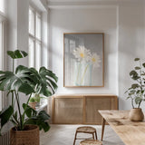 Tranquil Blossoms IV by James Wiens. shown as a print in a natural wood frame in a dining room. Available as a archival giclee rolled canvas, fine art paper, or poster print. SKU 47983h.
