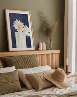 Tranquil Blossoms IV Navy by James Wiens. shown as a paper print in a natural frame. Available as a archival giclee rolled canvas, fine art paper, or poster print. SKU 57274h.