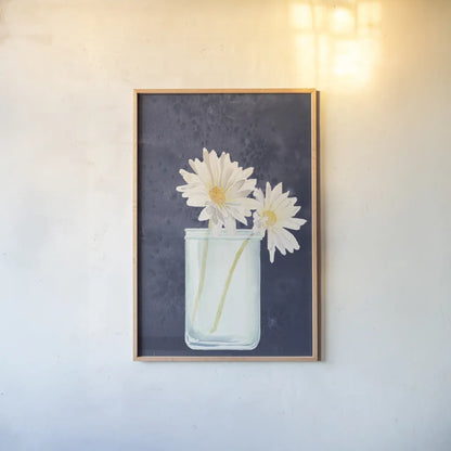 Tranquil Blossoms IV Navy by James Wiens. shown as a paper print in a natural frame. Available as a archival giclee rolled canvas, fine art paper, or poster print. SKU 57274h.