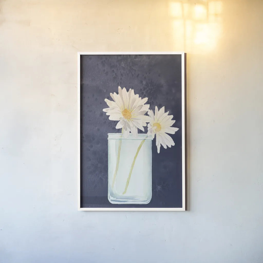 Tranquil Blossoms IV Navy by James Wiens. shown as a paper print in a white frame. Available as a archival giclee rolled canvas, fine art paper, or poster print. SKU 57274h.