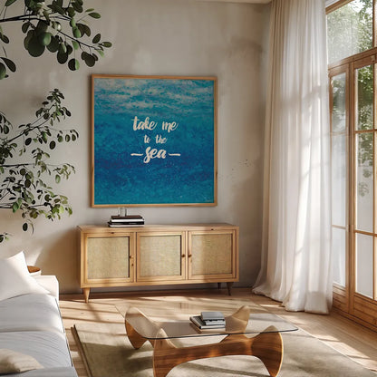 Underwater Quotes I by James Wiens. Shown in a natural wood frame in a cozy modern living room. Available as an archival giclee rolled canvas, fine art paper, or poster print. SKU 18968a.