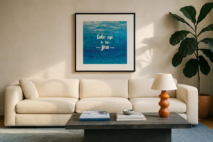 Underwater Quotes I by James Wiens. Displayed in a glass frame with matte in a clean modern living room. Available as an archival giclee rolled canvas, fine art paper, or poster print. SKU 18968a.