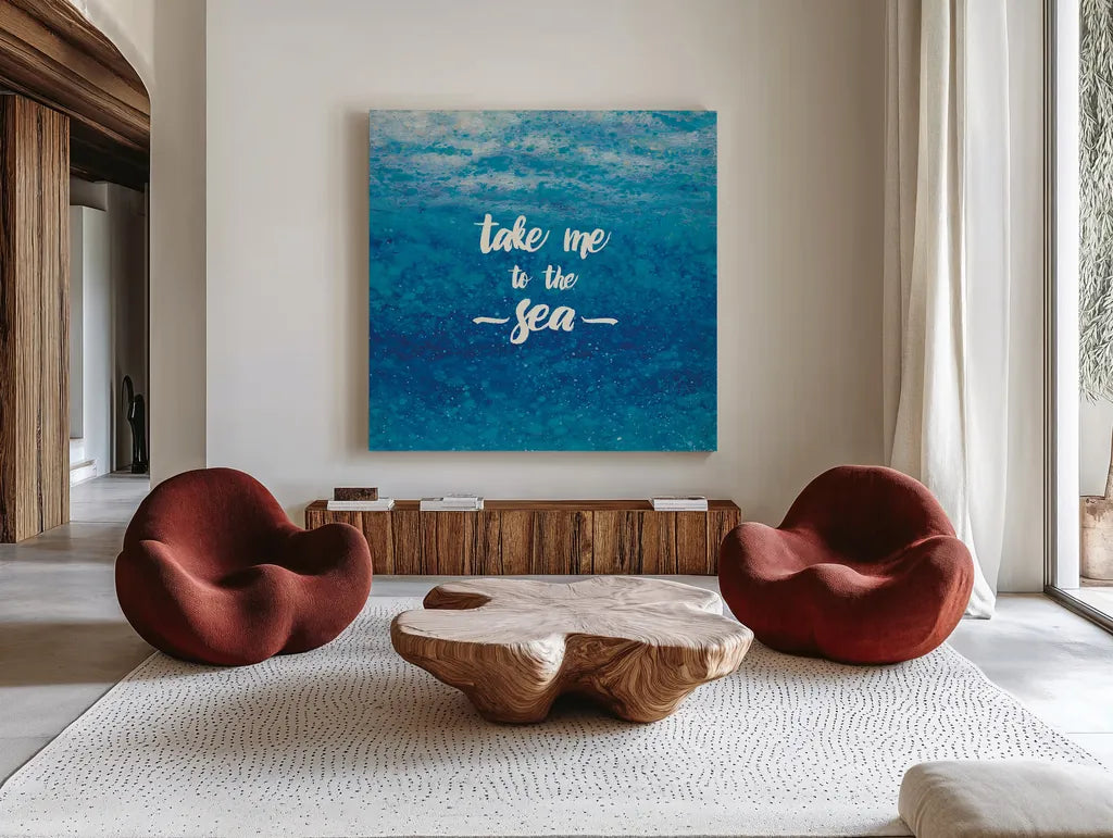 Underwater Quotes I by James Wiens. Shown as extra-large giant wall art in a modern living room. Available as an archival giclee rolled canvas, fine art paper, or poster print. SKU 18968a.