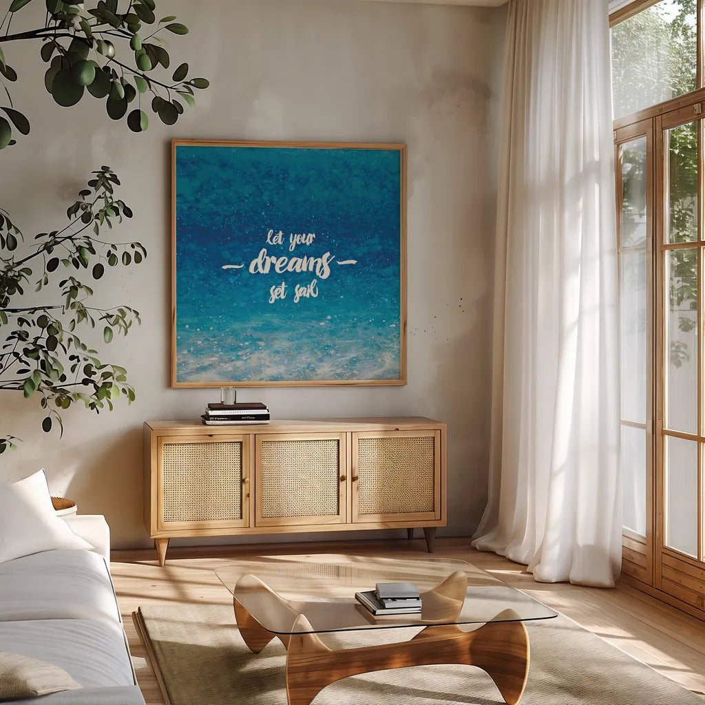 Underwater Quotes II by James Wiens. Shown in a natural wood frame in a cozy modern living room. Available as an archival giclee rolled canvas, fine art paper, or poster print. SKU 18969a.