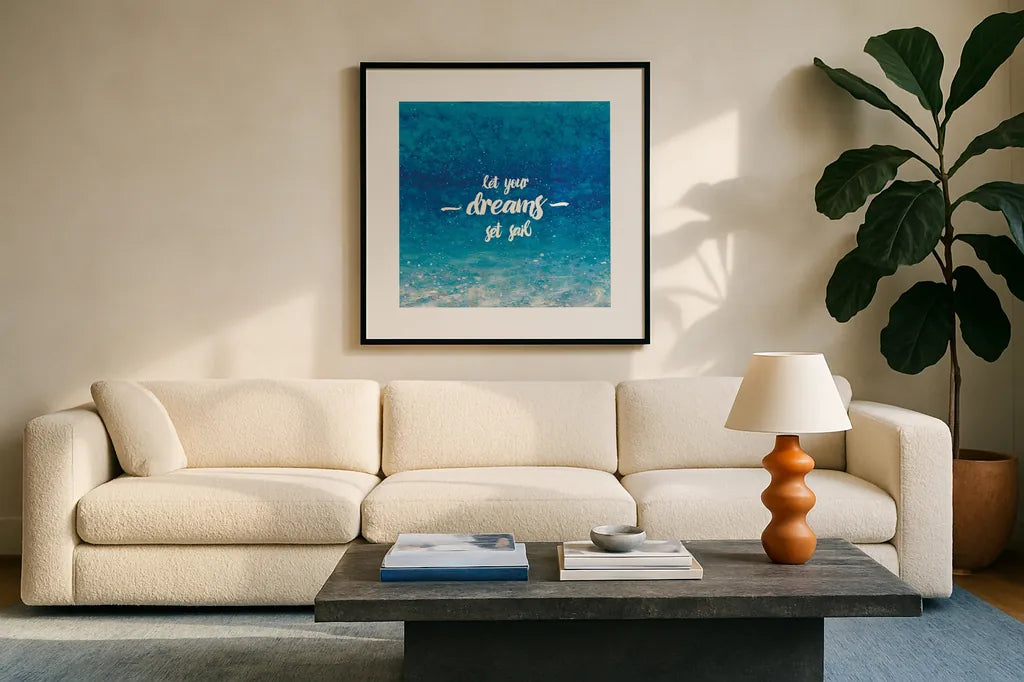 Underwater Quotes II by James Wiens. Displayed in a glass frame with matte in a clean modern living room. Available as an archival giclee rolled canvas, fine art paper, or poster print. SKU 18969a.