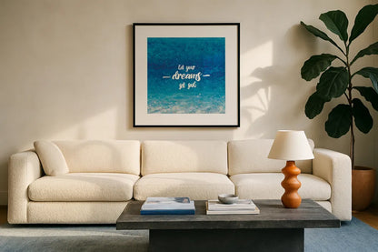 Underwater Quotes II by James Wiens. Displayed in a glass frame with matte in a clean modern living room. Available as an archival giclee rolled canvas, fine art paper, or poster print. SKU 18969a.