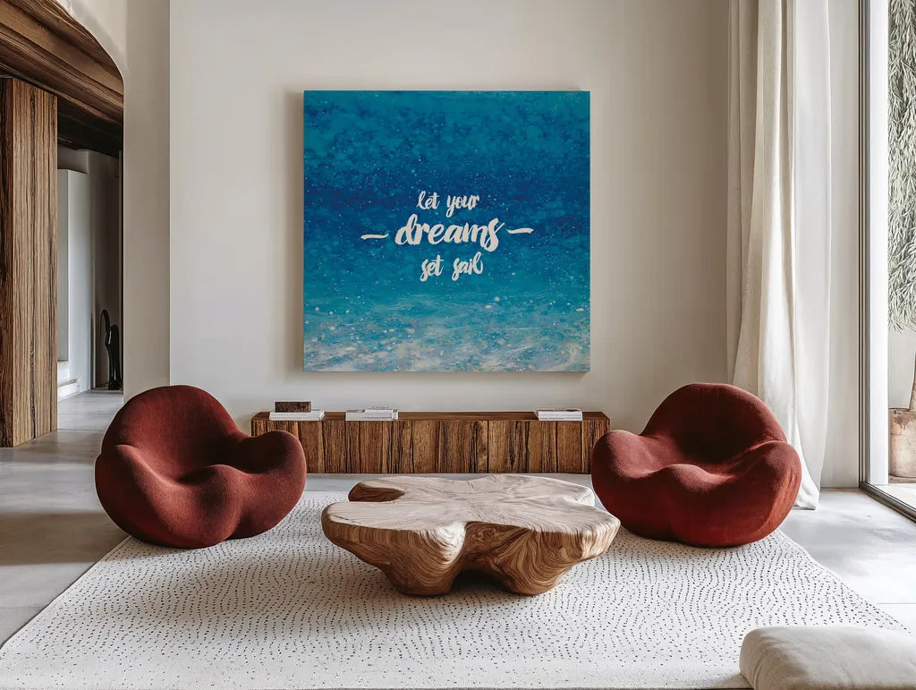 Underwater Quotes II by James Wiens. Shown as extra-large giant wall art in a modern living room. Available as an archival giclee rolled canvas, fine art paper, or poster print. SKU 18969a.
