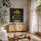 Via Paris II Gold by James Wiens. Shown in a natural wood frame in a cozy modern living room. Available as an archival giclee rolled canvas, fine art paper, or poster print. SKU 33411a.