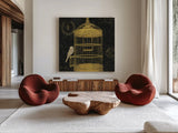 Via Paris II Gold by James Wiens. Shown as extra-large giant wall art in a modern living room. Available as an archival giclee rolled canvas, fine art paper, or poster print. SKU 33411a.