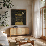 Via Paris III Gold by James Wiens. Shown in a natural wood frame in a cozy modern living room. Available as an archival giclee rolled canvas, fine art paper, or poster print. SKU 33412a.
