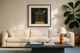 Via Paris III Gold by James Wiens. Displayed in a glass frame with matte in a clean modern living room. Available as an archival giclee rolled canvas, fine art paper, or poster print. SKU 33412a.