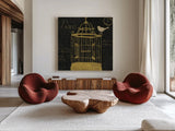 Via Paris III Gold by James Wiens. Shown as extra-large giant wall art in a modern living room. Available as an archival giclee rolled canvas, fine art paper, or poster print. SKU 33412a.