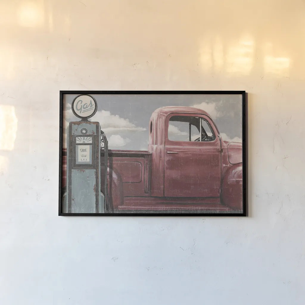 Vintage Truck I by James Wiens. shown as a paper print in a black flame. Available as a archival giclee rolled canvas, fine art paper, or poster print. SKU 83532i.