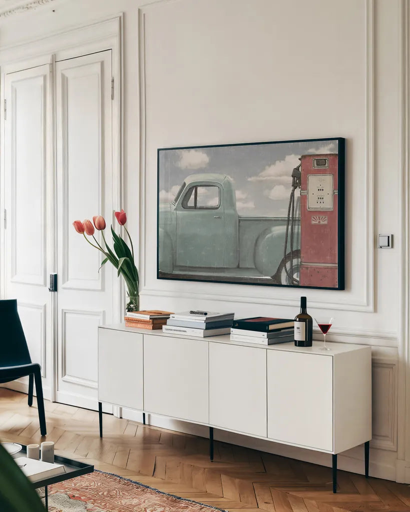 Vintage Truck II by James Wiens. shown as a framed stretched canvas in a living room above a console. Available as a archival giclee rolled canvas, fine art paper, or poster print. SKU 83533i.