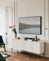 Warm Reflections by James Wiens. shown as a framed stretched canvas in a living room above a console. Available as a archival giclee rolled canvas, fine art paper, or poster print. SKU 75178i.