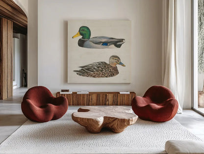 Waters Edge Ducks by James Wiens. Shown as extra-large giant wall art in a modern living room. Available as an archival giclee rolled canvas, fine art paper, or poster print. SKU 96744a.
