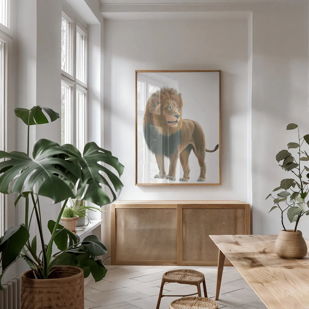 Wild and Free I by James Wiens. shown as a print in a natural wood frame in a dining room. Available as a archival giclee rolled canvas, fine art paper, or poster print. SKU 66111h.