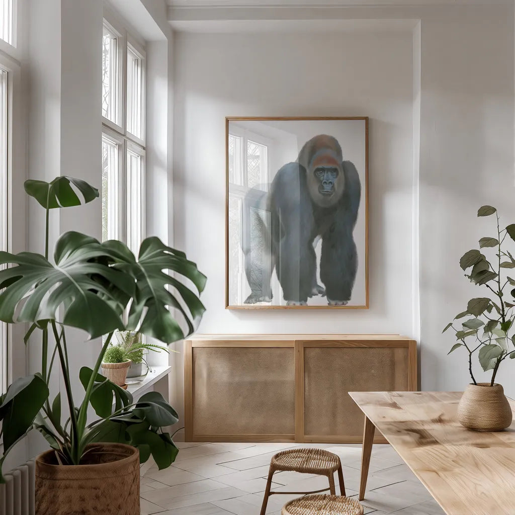 Wild and Free II by James Wiens. shown as a print in a natural wood frame in a dining room. Available as a archival giclee rolled canvas, fine art paper, or poster print. SKU 66112h.