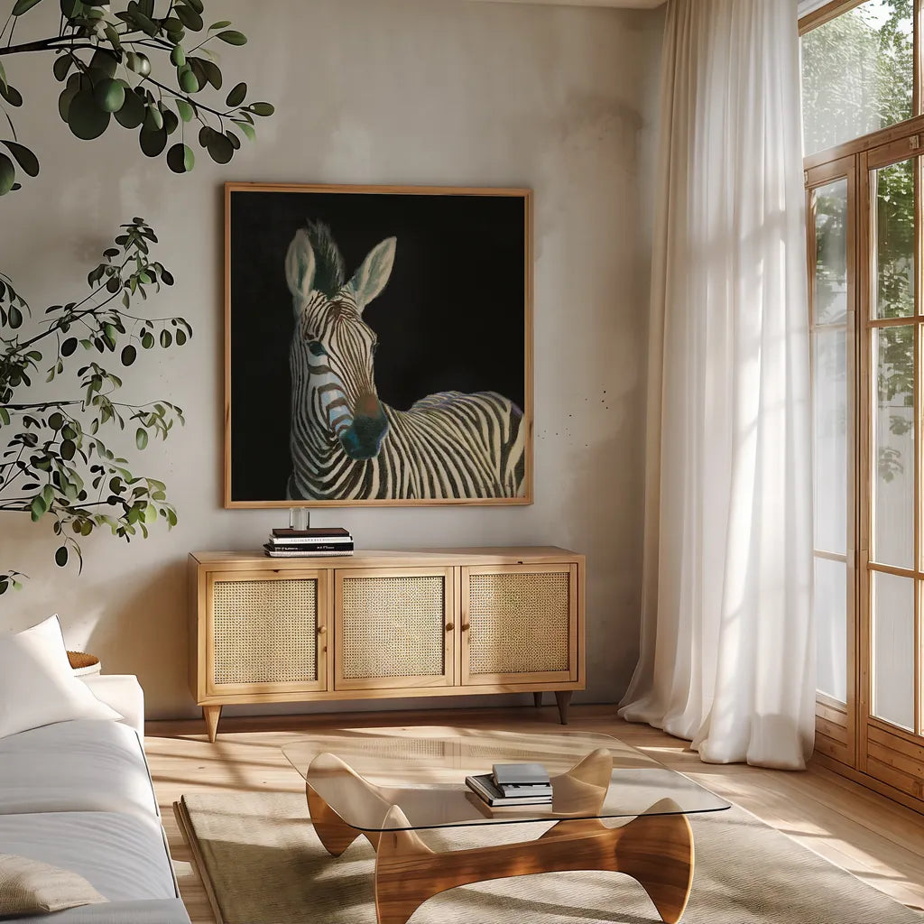 Wild and Free VI Black by James Wiens. Shown in a natural wood frame in a cozy modern living room. Available as an archival giclee rolled canvas, fine art paper, or poster print. SKU 69079a.