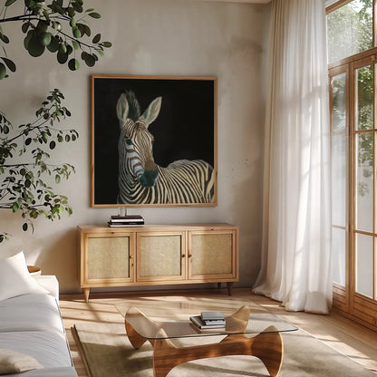 Wild and Free VI Black by James Wiens. Shown in a natural wood frame in a cozy modern living room. Available as an archival giclee rolled canvas, fine art paper, or poster print. SKU 69079a.