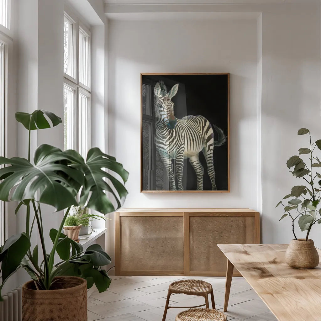 Wild and Free VI Black by James Wiens. shown as a print in a natural wood frame in a dining room. Available as a archival giclee rolled canvas, fine art paper, or poster print. SKU 69079h.