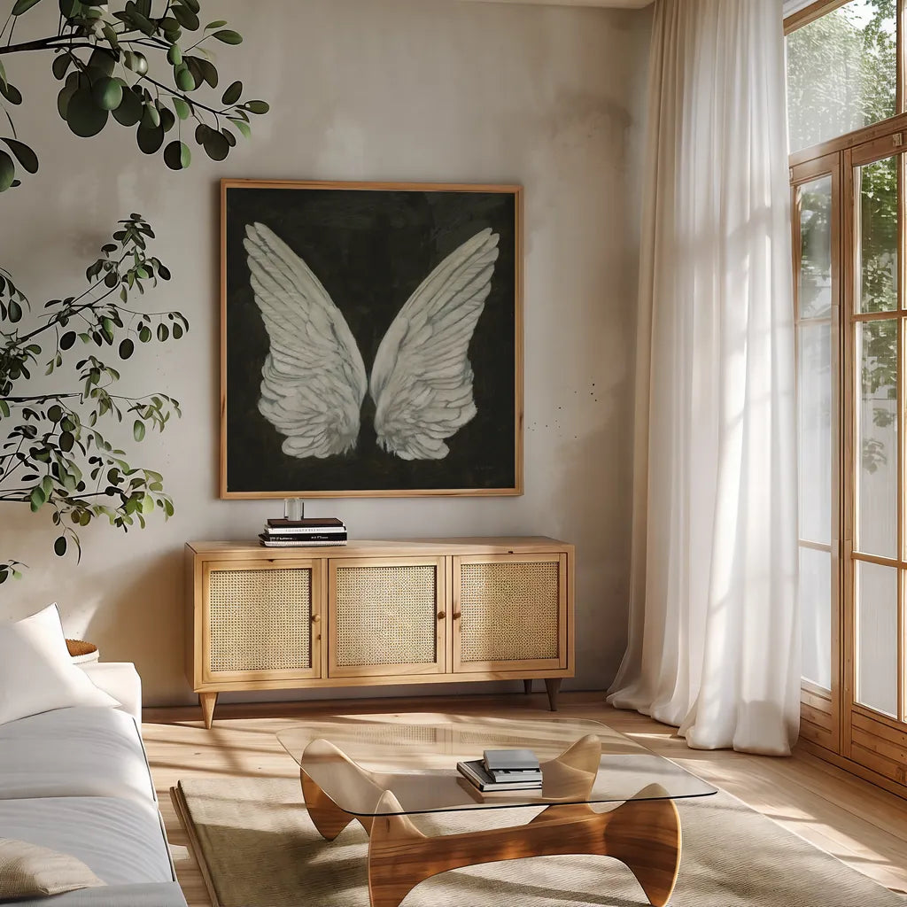 Wings I by James Wiens. Shown in a natural wood frame in a cozy modern living room. Available as an archival giclee rolled canvas, fine art paper, or poster print. SKU 74179a.