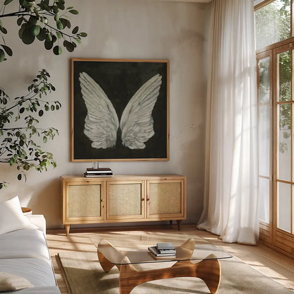 Wings I by James Wiens. Shown in a natural wood frame in a cozy modern living room. Available as an archival giclee rolled canvas, fine art paper, or poster print. SKU 74179a.