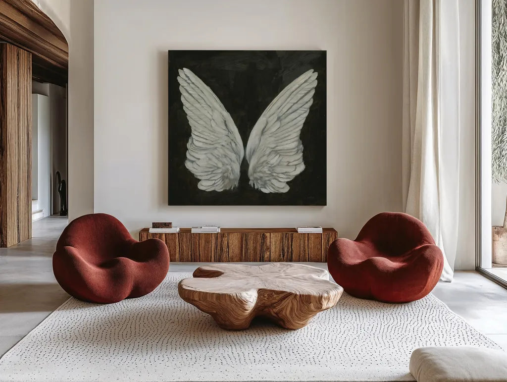 Wings I by James Wiens. Shown as extra-large giant wall art in a modern living room. Available as an archival giclee rolled canvas, fine art paper, or poster print. SKU 74179a.