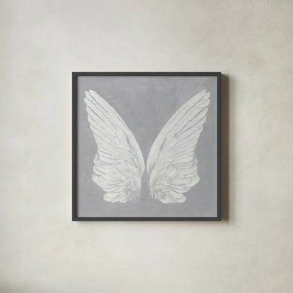 Wings I on Gray by James Wiens. Shown in a sleek black glass frame for a contemporary gallery look. Available as an archival giclee rolled canvas, fine art paper, or poster print. SKU 74504a.