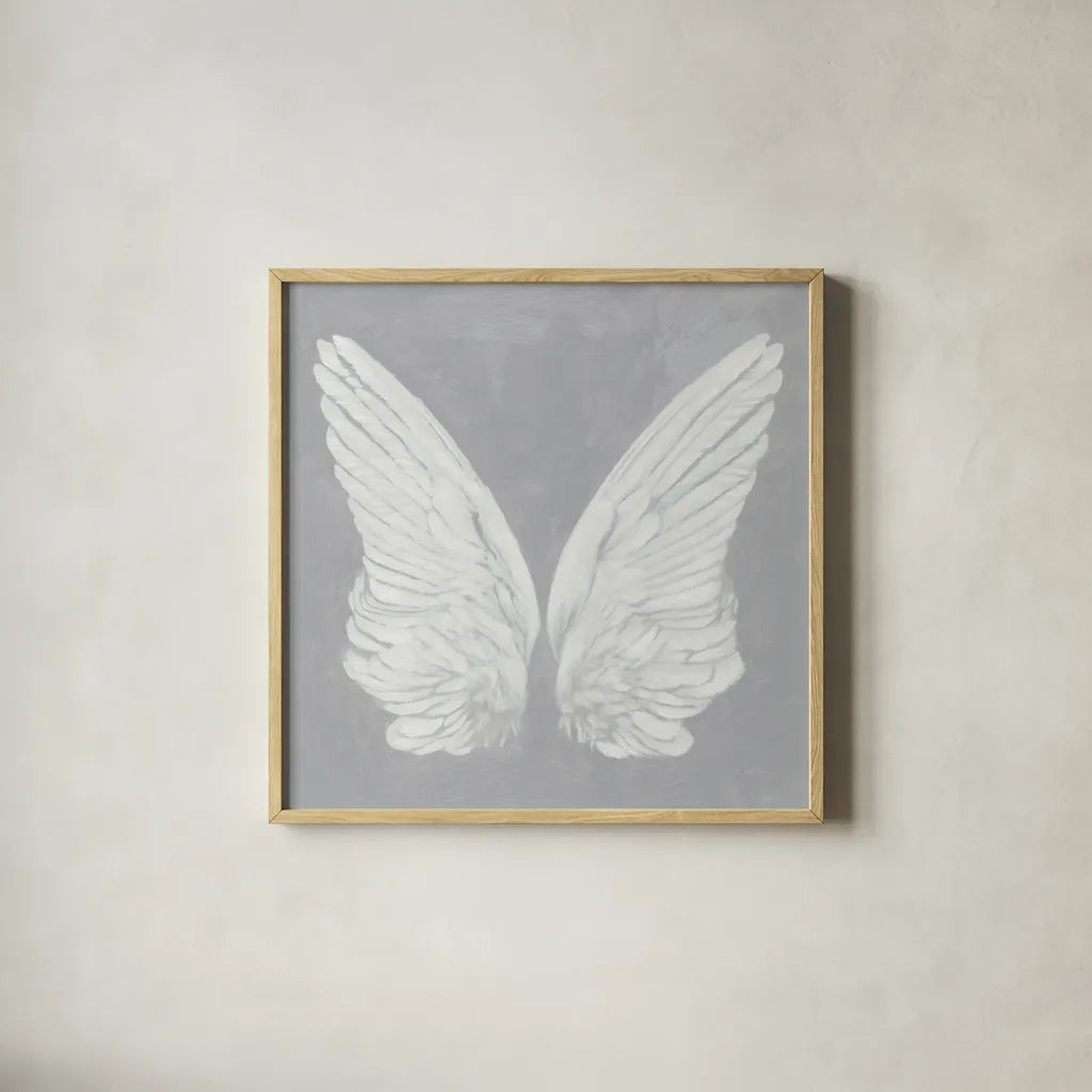 Wings I on Gray by James Wiens. Shown in a natural wood glass frame for a timeless modern aesthetic. Available as an archival giclee rolled canvas, fine art paper, or poster print. SKU 74504a.