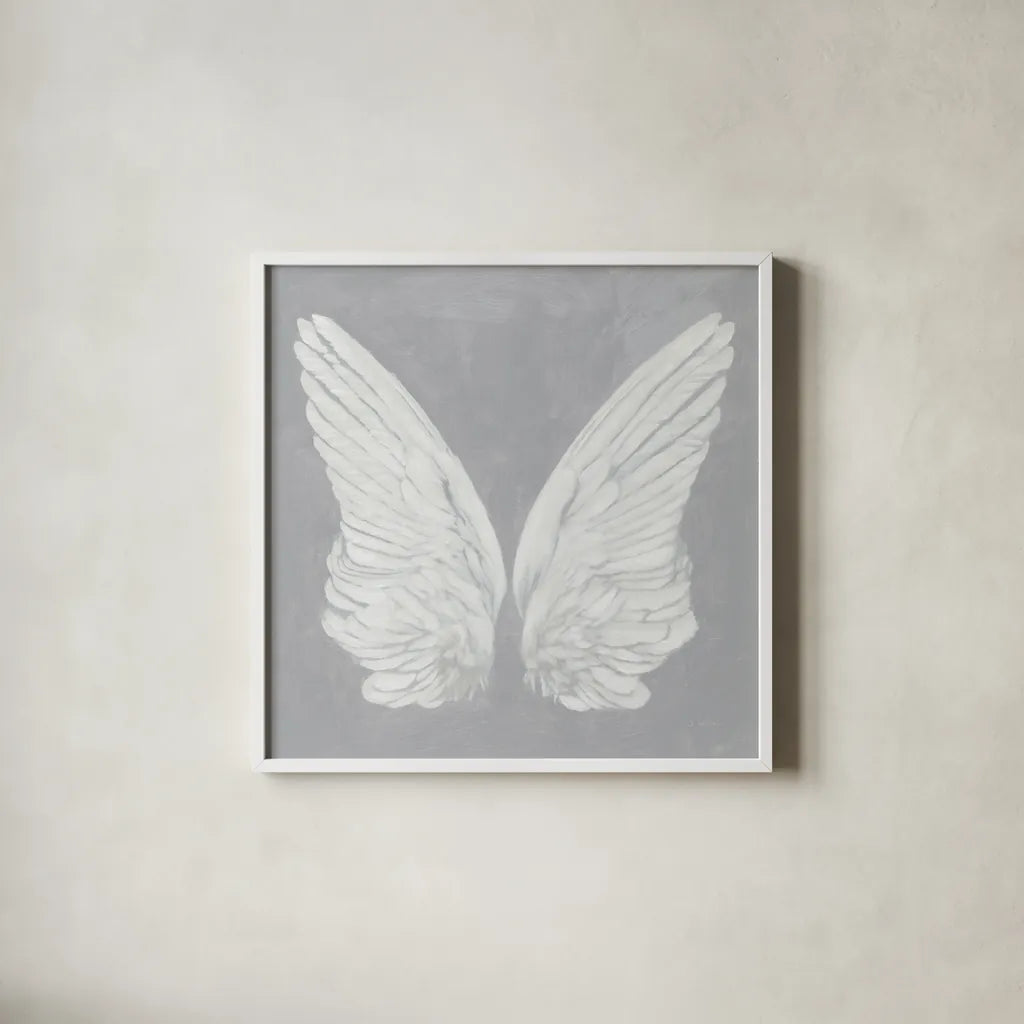 Wings I on Gray by James Wiens. Shown in a crisp white glass frame for a clean and minimalist style. Available as an archival giclee rolled canvas, fine art paper, or poster print. SKU 74504a.
