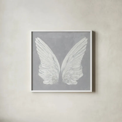 Wings I on Gray by James Wiens. Shown in a crisp white glass frame for a clean and minimalist style. Available as an archival giclee rolled canvas, fine art paper, or poster print. SKU 74504a.
