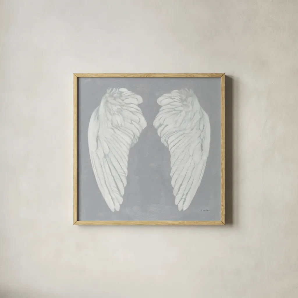 Wings I on Gray Flipped by James Wiens. Shown in a natural wood glass frame for a timeless modern aesthetic. Available as an archival giclee rolled canvas, fine art paper, or poster print. SKU 80197a.