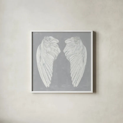 Wings I on Gray Flipped by James Wiens. Shown in a crisp white glass frame for a clean and minimalist style. Available as an archival giclee rolled canvas, fine art paper, or poster print. SKU 80197a.
