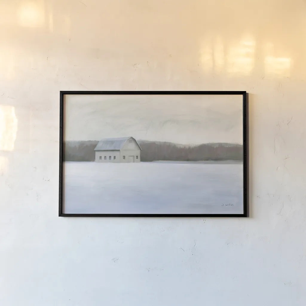 Winter Barn by James Wiens. shown as a paper print in a black flame. Available as a archival giclee rolled canvas, fine art paper, or poster print. SKU 70063i.