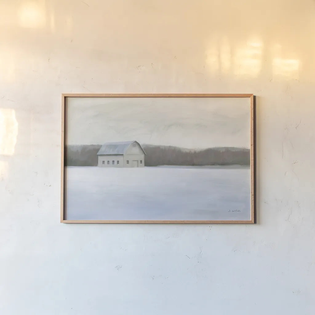 Winter Barn by James Wiens. shown as a paper print in a natural frame. Available as a archival giclee rolled canvas, fine art paper, or poster print. SKU 70063i.