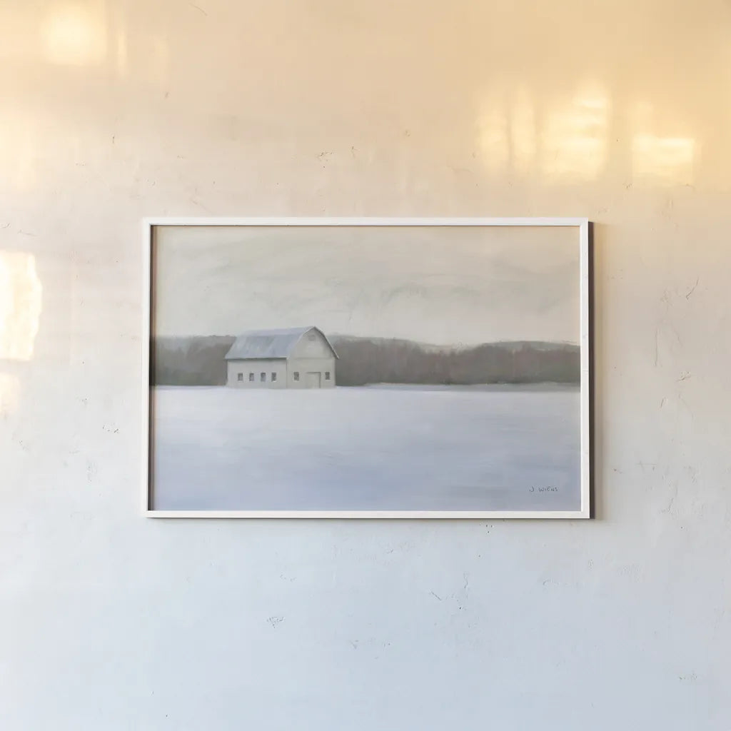 Winter Barn by James Wiens. shown as a paper print in a white frame. Available as a archival giclee rolled canvas, fine art paper, or poster print. SKU 70063i.