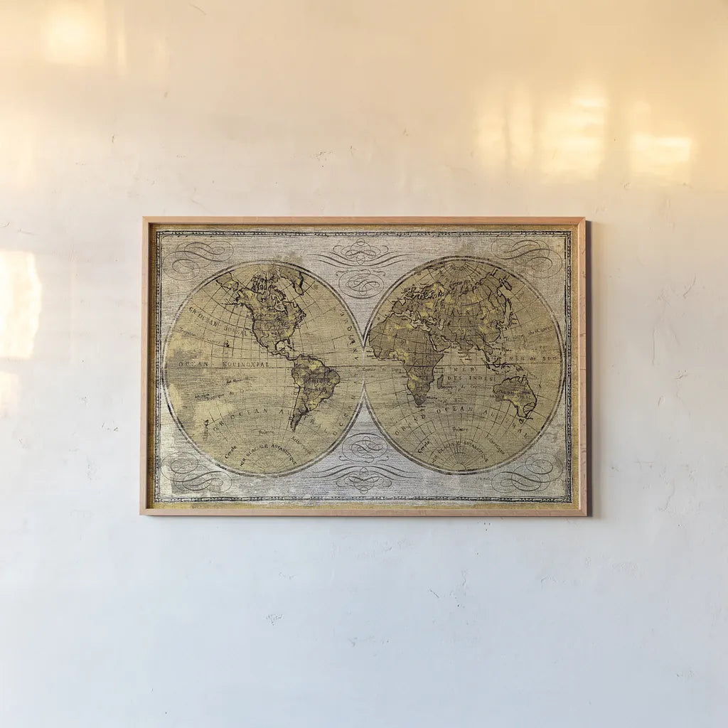 Worldwide I by James Wiens. shown as a paper print in a natural frame. Available as a archival giclee rolled canvas, fine art paper, or poster print. SKU 16699i.