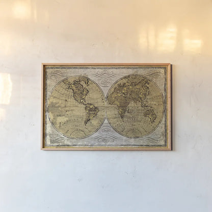 Worldwide I by James Wiens. shown as a paper print in a natural frame. Available as a archival giclee rolled canvas, fine art paper, or poster print. SKU 16699i.