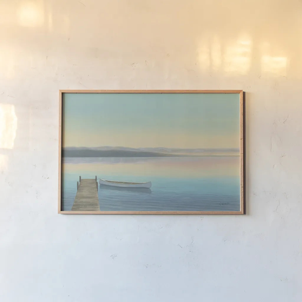 Zen Canoe I by James Wiens. shown as a paper print in a natural frame. Available as a archival giclee rolled canvas, fine art paper, or poster print. SKU 20449i.