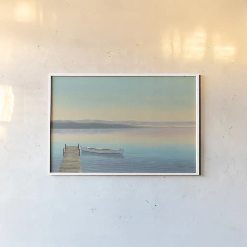 Zen Canoe I by James Wiens. shown as a paper print in a white frame. Available as a archival giclee rolled canvas, fine art paper, or poster print. SKU 20449i.